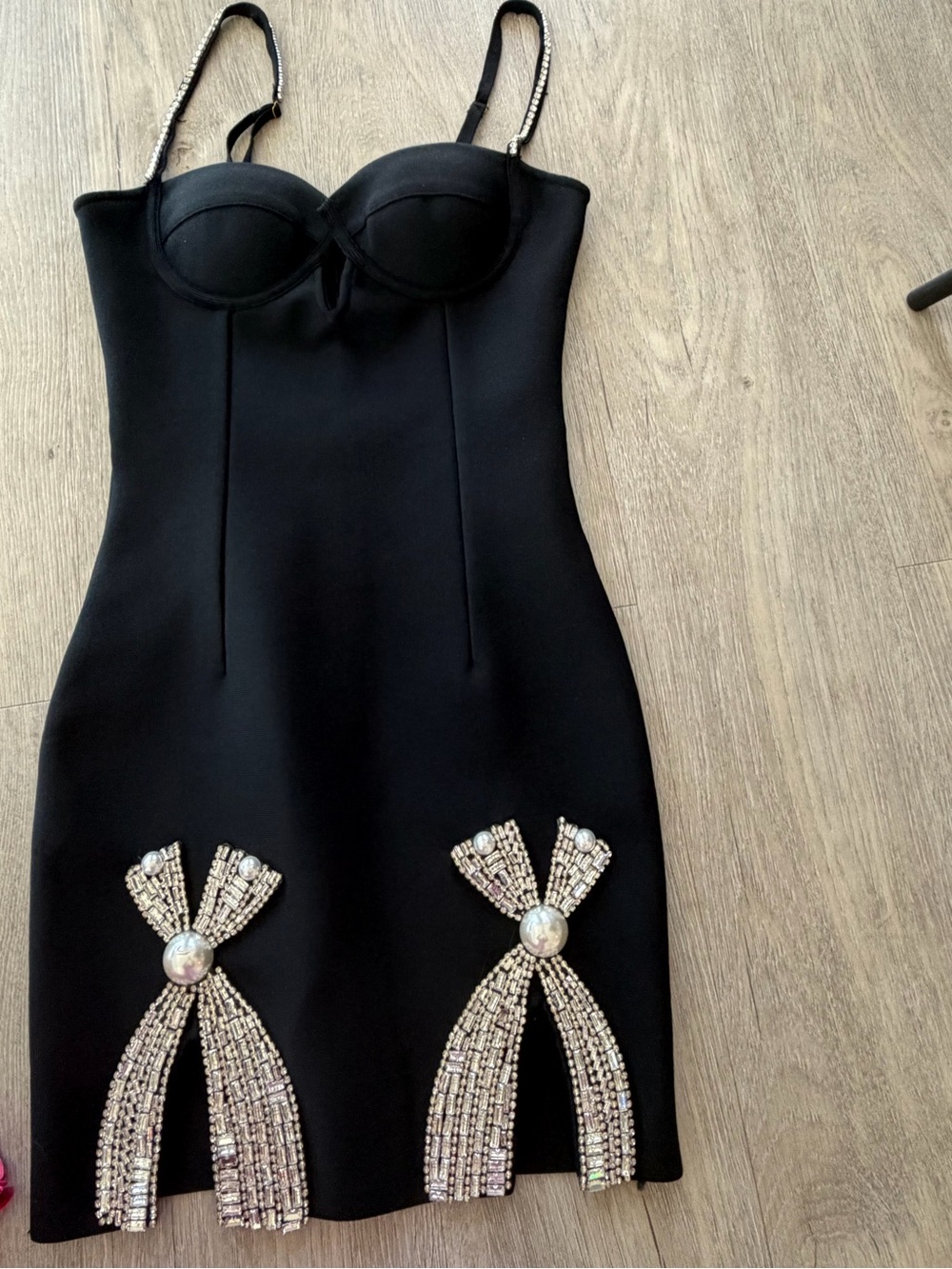 Black Rhinestone Bustier Mini Dress Pearl Embellished Party Cocktail Dress